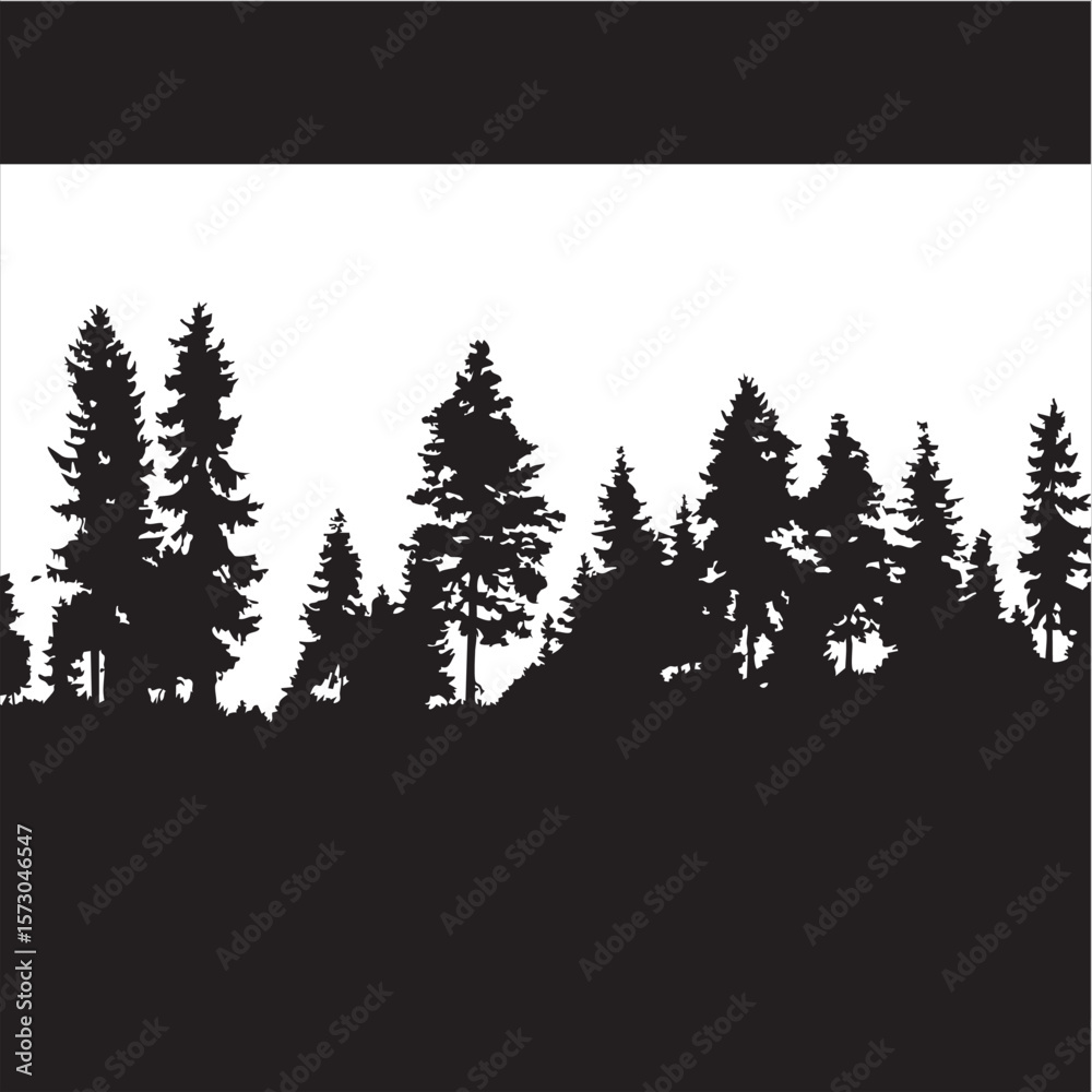 Fototapeta premium Forest Silhouette Vector Art: Pine Tree Landscape Black & White Graphic