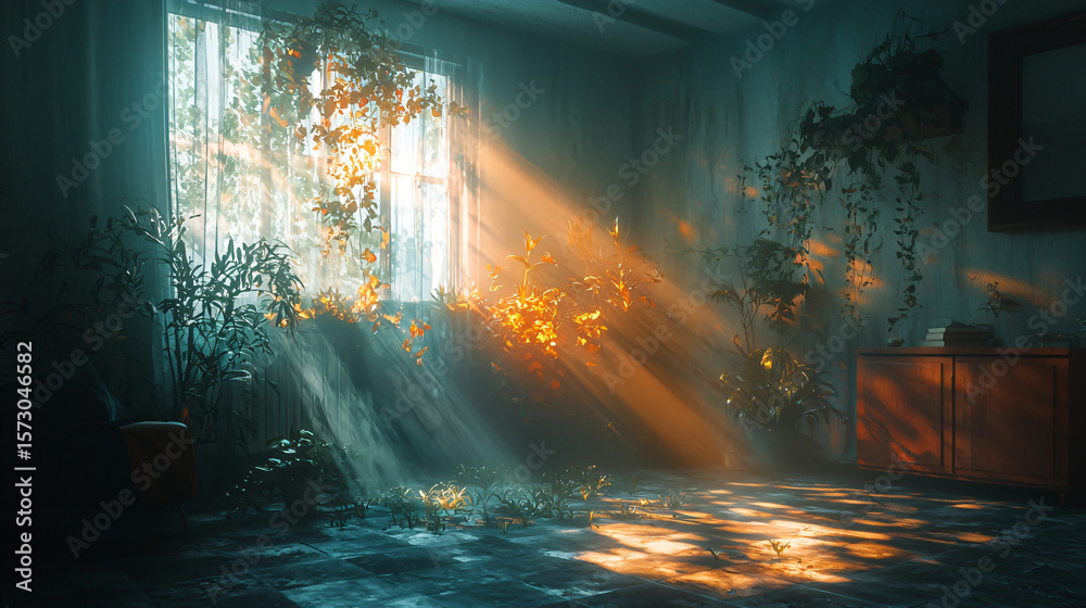 Fototapeta premium Sunlight Streaming Through Window in Serene Indoor Garden Space