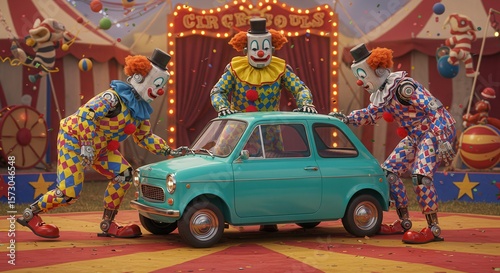 Circus Clowns Wrestle Green Car in Front of Audience