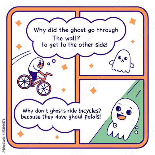 Cute cartoon ghosts sharing jokes about going through walls and riding bicycles with funny puns about pedals and the afterlife perfect for halloween or children s content