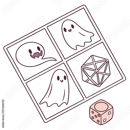 Cute cartoon ghosts and a geometric shape on a game board with a dice nearby representing halloween fun and tabletop gaming adventures