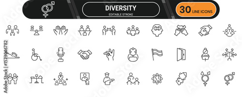 Diversity and inclusion line icons featuring unity, equality, representation, workplace balance, and community acceptance visuals