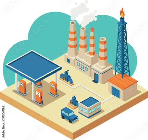 Industrial oil refinery and gas station complex with factory chimneys and vehicles in isometric style vector illustration