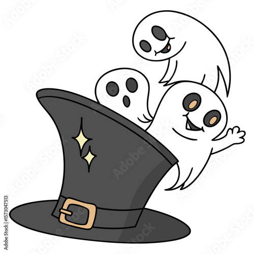 Three cheerful cartoon ghosts playfully emerge from a black witch s hat adorned with sparkling stars and a golden buckle creating a fun and whimsical halloween illustration