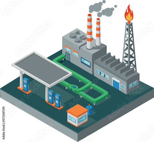 Industrial factory with gas station and burning flare stack in isometric vector design for energy and fuel production concepts
