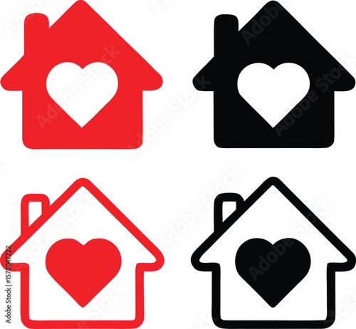 Red black houses with white and solid hearts home love