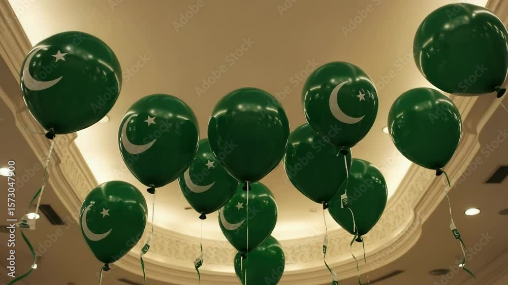 Green balloons with Pakistan flags floating at a celebration event  