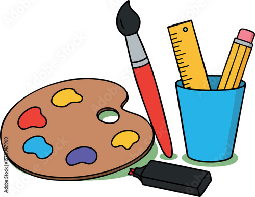 Artist palette with colorful paint brush pencil ruler and marker pen set for creative drawing and painting activities vector illustration