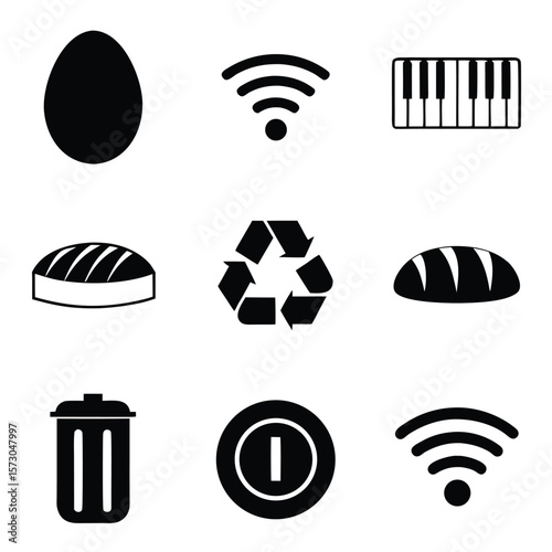 Black silhouette icons egg wifi piano bread recycle bin power white signal