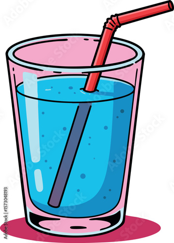 Blue liquid in transparent glass with red straw vector illustration for refreshing beverage design