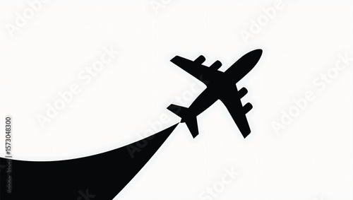 Black Airplane Silhouette Taking Off from Black Curved Line White Background Travel Departure