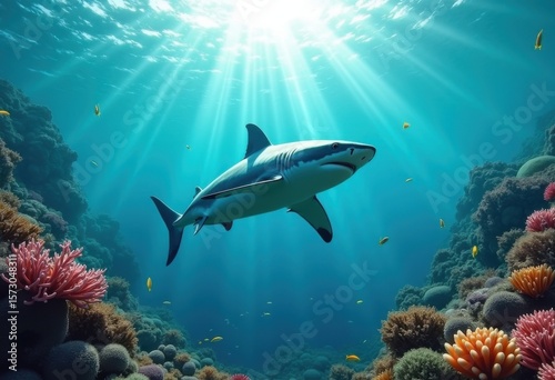 great white shark swimming elegantly underwater among vibrant coral reef life seascape marine adventure, ocean, fish, diving, aquatic, blue, ecosystem, nature