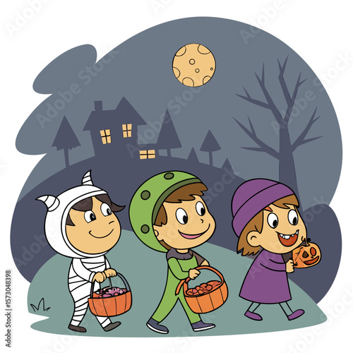 Three happy cartoon children dressed in halloween costumes walking at night under a full moon collecting candy in trick or treat baskets