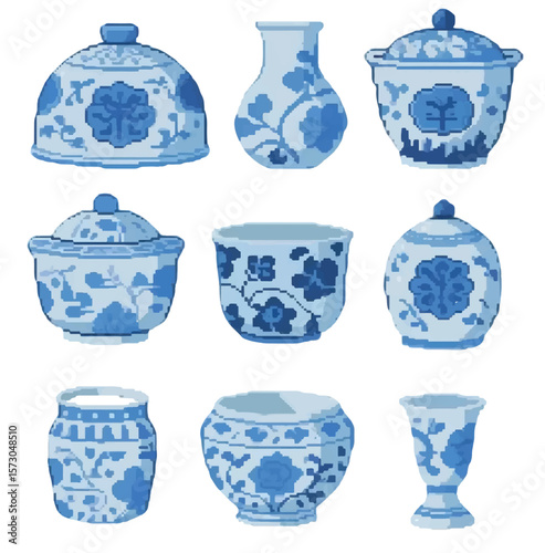 set of blue ceramic vases Blue and white porcelain, porcelain, tea sets, traditional Chinese culture, asian