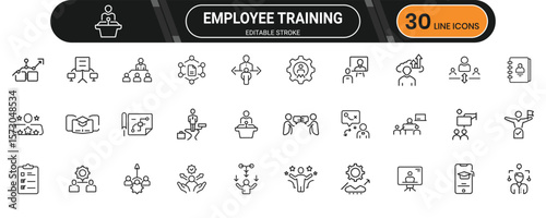 Training and development icons in line format highlighting learning sessions, onboarding, skills growth, and professional coaching