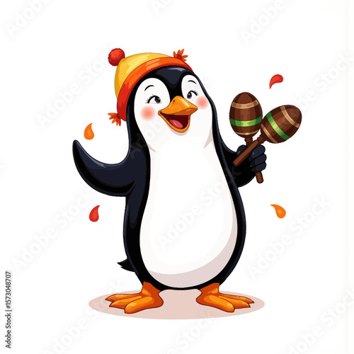 Cheerful cartoon penguin holding maracas and smiling joyfully  