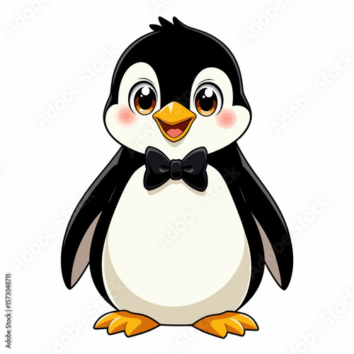 Cartoon penguin wearing a bow tie and smiling happily  