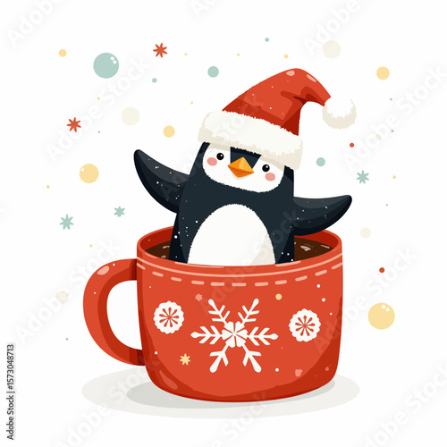 Penguin wearing Santa hat in red mug with snowflakes and snow  