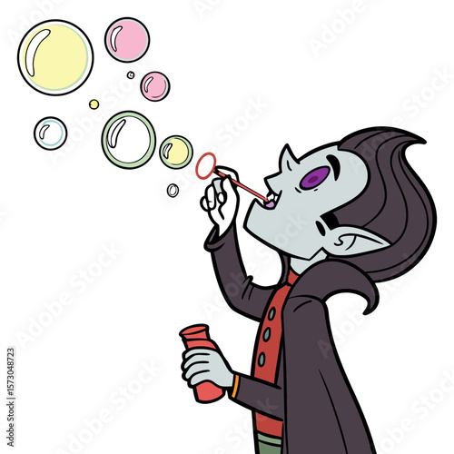 A cute cartoon vampire character blowing colorful bubbles with a bubble wand and bottle isolated on a white background enjoying a playful moment