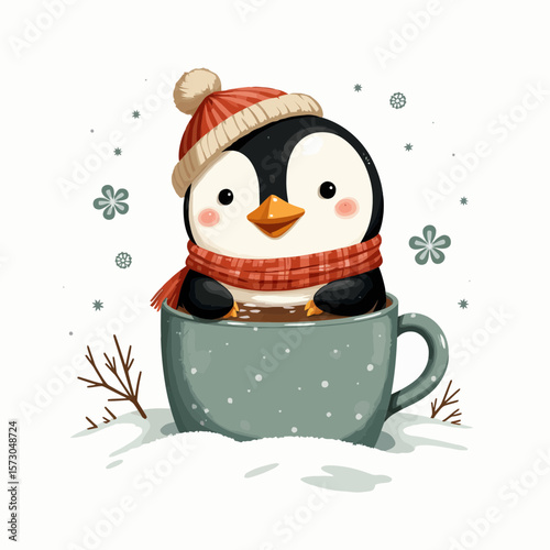 Cute penguin wearing a hat and scarf sitting in a mug in winter  