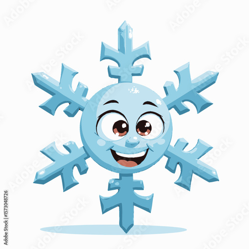 Cartoon snowflake character smiling cheerfully on white background  