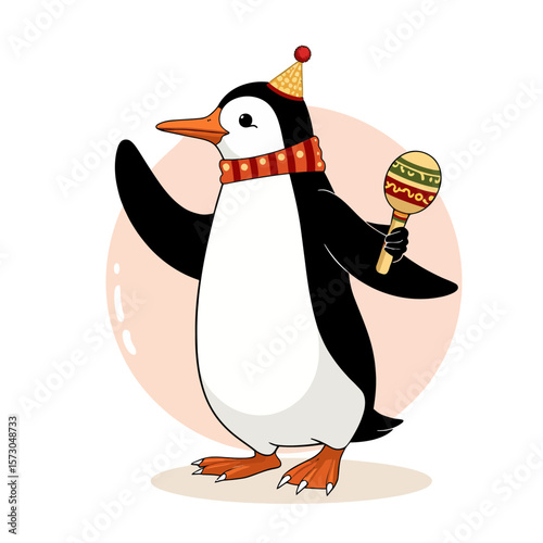 Cartoon penguin celebrating with a maraca and party hat  