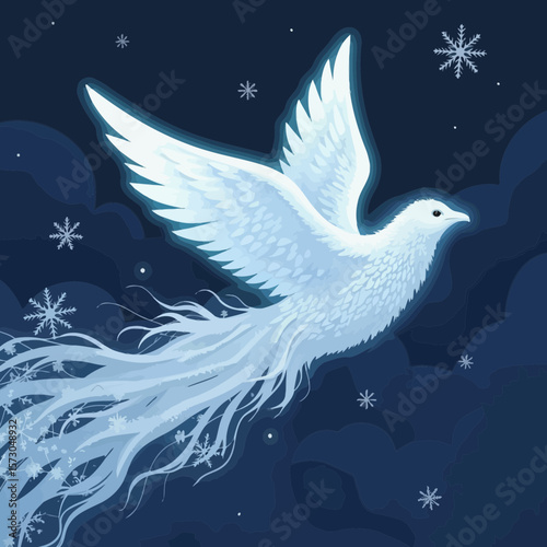 Mystical white bird soaring through a snowy night sky  