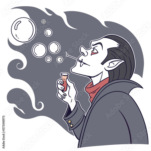 A whimsical cartoon vampire with sharp fangs and pointed ears blows bubbles from a small vial wearing a dark cape and red scarf with wispy grey smoke behind him