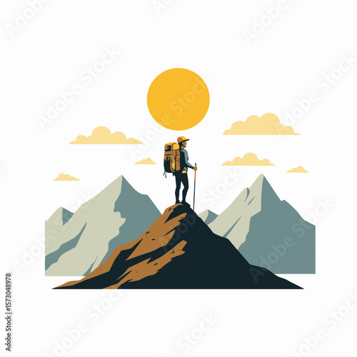 Mountain climber standing on peak with backpack under sun  