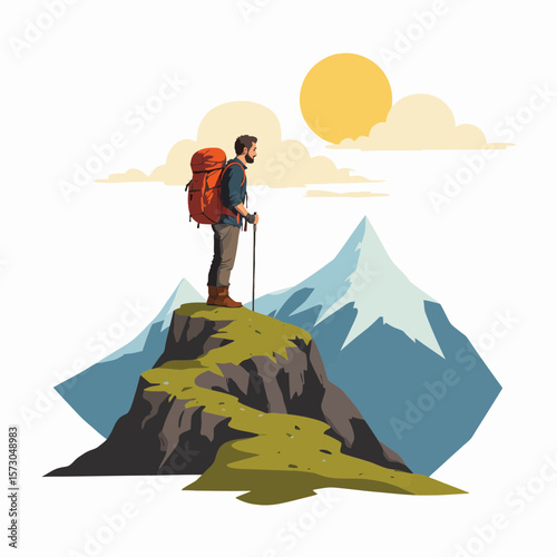 Mountain climber standing on rocky peak against sunny backdrop  