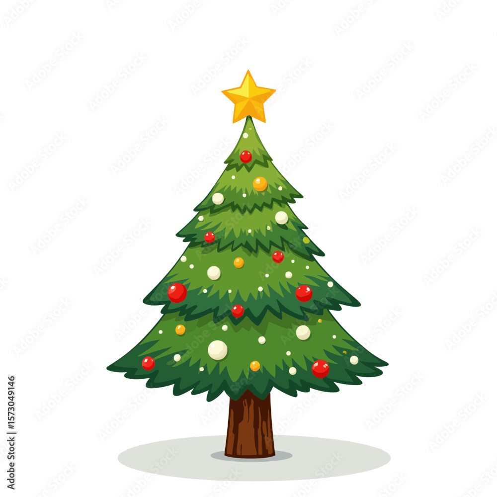 Fototapeta premium Cartoon Christmas tree with colorful ornaments and a yellow star 