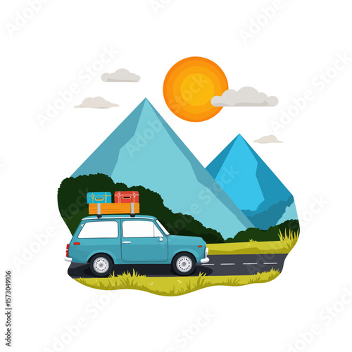 Car with luggage driving on a road through mountains in sunlight  