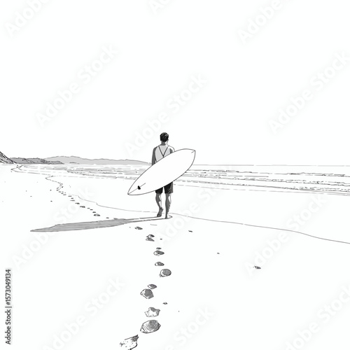 Man walking on beach with surfboard and footprints in sand  