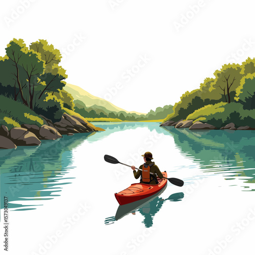 Man kayaking on tranquil lake surrounded by lush greenery  