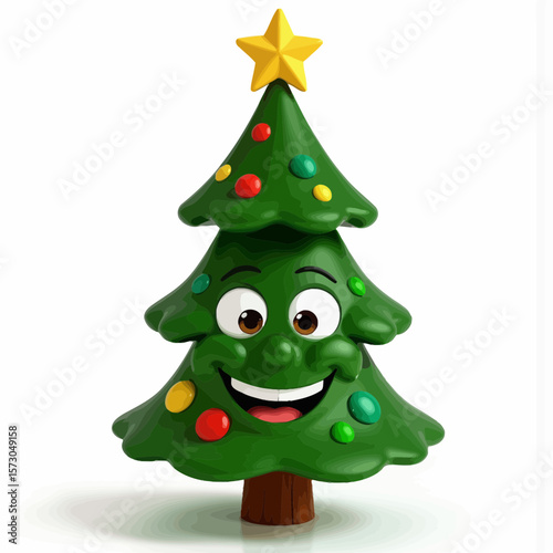 Cartoon Christmas tree with smiling face and colorful decorations  