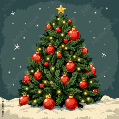 Christmas tree decorated with red ornaments and lights in winter  