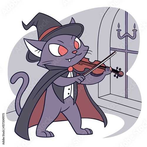 A spooky purple cat dressed as a vampire wearing a black cape and hat plays a violin with a dramatic expression in front of a gothic window with a candelabra