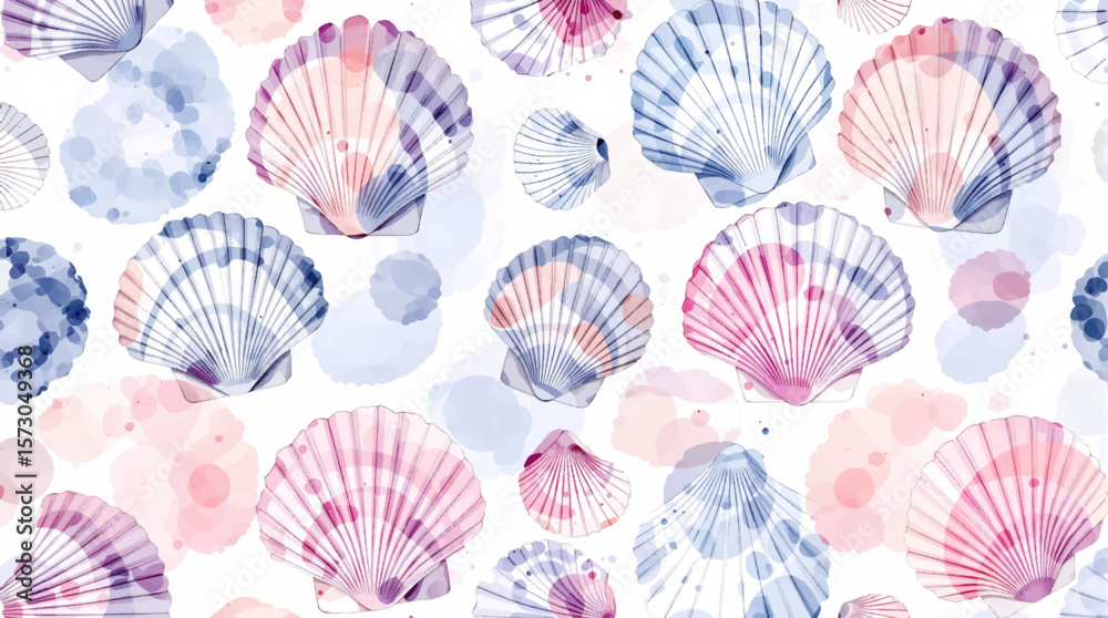 Watercolor background pattern different shells on white background
