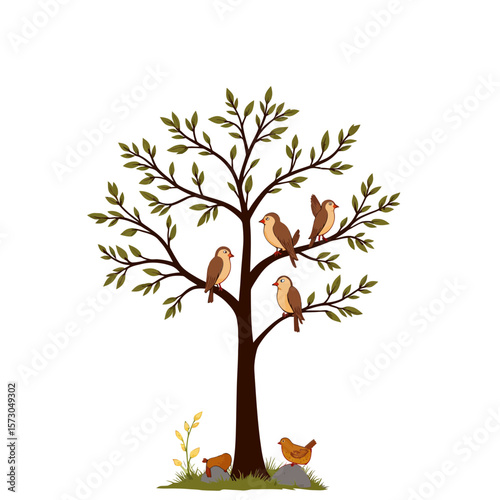 Tree with birds perched among green leaves on white background  