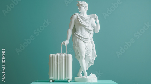 Ancient greek god white sculpture with suitcase ready for travel on blue background
