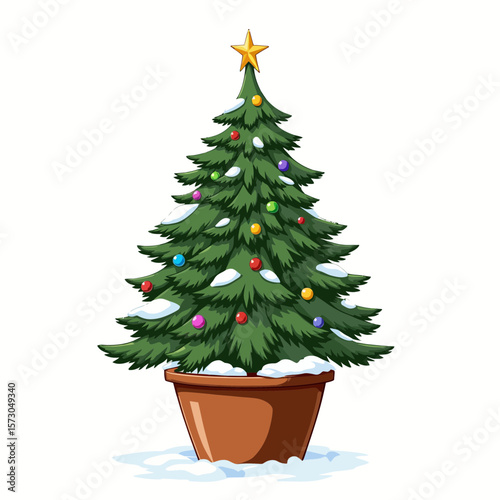 Christmas tree with colorful ornaments and snow at the base  