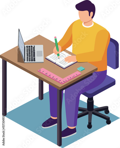 Man working and writing at desk with laptop and stationery in office environment vector illustration
