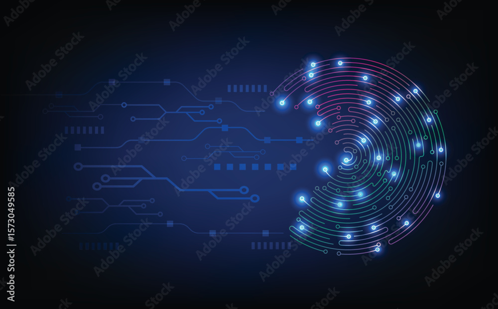 Obraz premium Futuristic abstract circuit board background with interconnected circular patterns, digital communication lines, and computer network elements for modern technology, innovation, engineering.