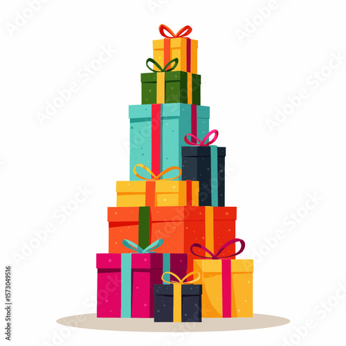 Colorful stacked gift boxes with ribbons on neutral background  