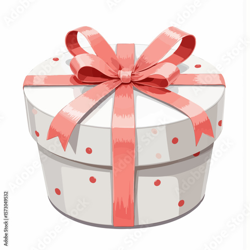 Gift box with pink ribbon and polka dots on white background  