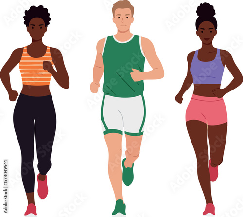 Three diverse people jogging together in sporty clothes active lifestyle fitness concept vector illustration