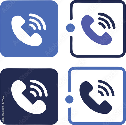 Blue white and dark blue phone icons with signal waves call communication