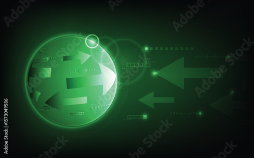 Upward arrow over digital globe background representing global business growth, financial success, market strategy, and economic progress in abstract vector design for international investment.