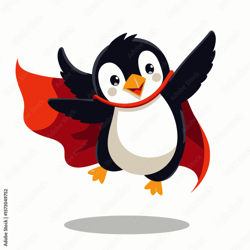 Fototapeta premium Cartoon penguin superhero flying with a red cape and joyful expression 