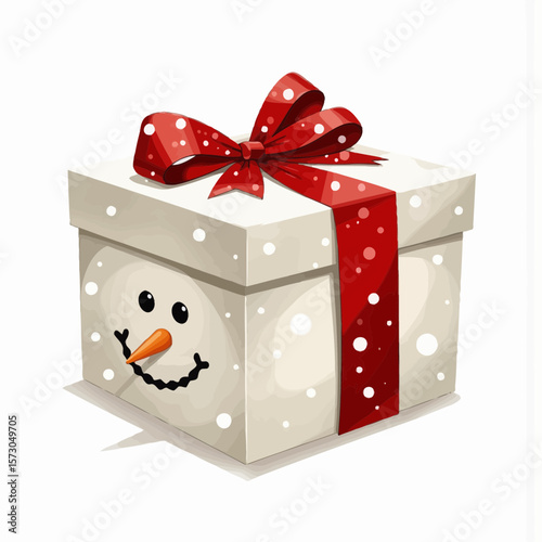 Snowman gift box with red ribbon and smiling face design  
